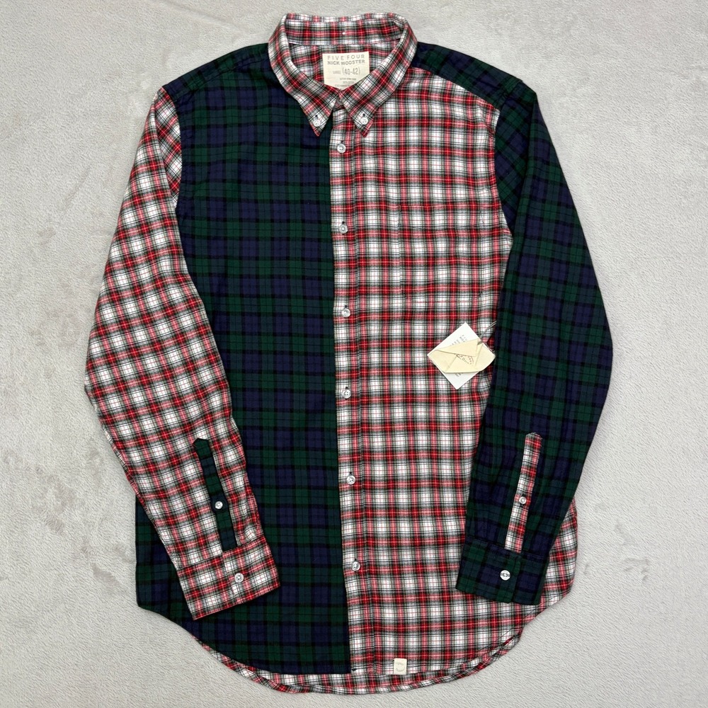 NWT Five Four Nick Wooster Donato Mismatched Plaid Flannel Button Down L new